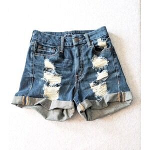 American Eagle Denim Shorts Curvy HighRise Short Dark M Wash Ripped Cuffed Sz 2